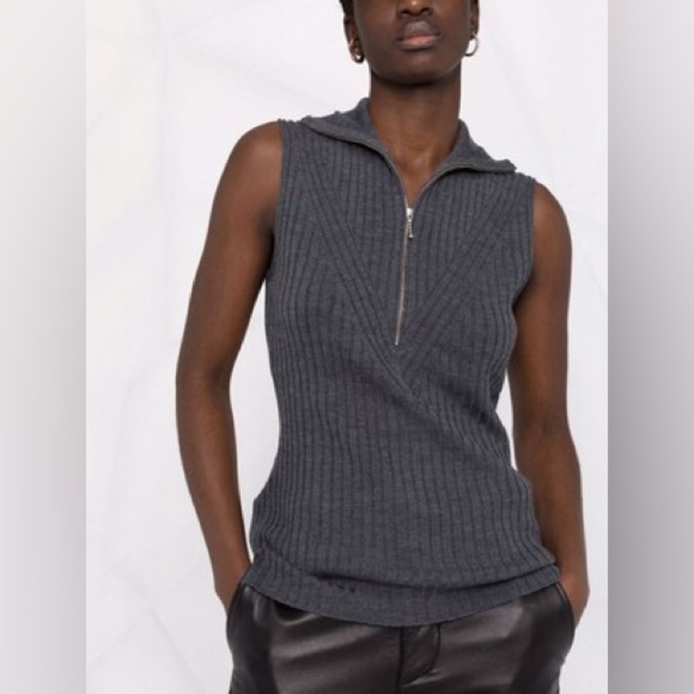 Ganni Ribbed Merino Half-Zip Sleeveless Top